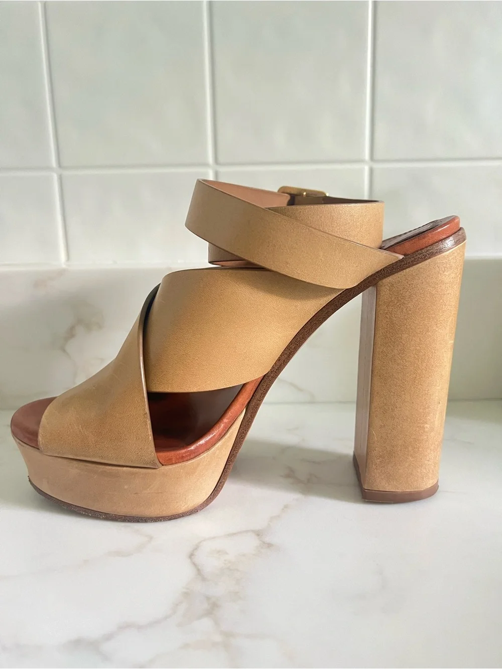 Authentic Chloe Tan Crossover Ankle Strap Platform Heels - Women’s 38.5